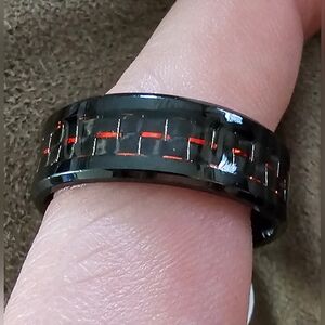 Carbon Fiber Red and Black Inlay Ceramic Wedding Band sz12